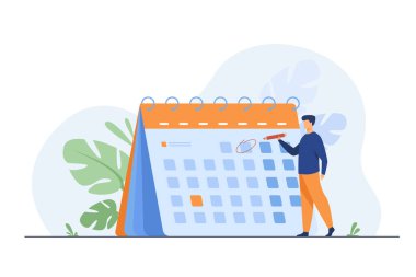 İş adamı planlama etkinlikleri, teslim tarihleri ve gündem. Takvim, program, organizasyon süreci düz vektör çizimi. Pankart, web sitesi tasarımı veya iniş web sayfası için zaman yönetimi kavramı