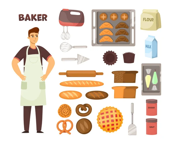 Пекарь Оборудование Торта Хлеба Другой Пищи Приготовления Пищи Мужской Персонаж — стоковый вектор