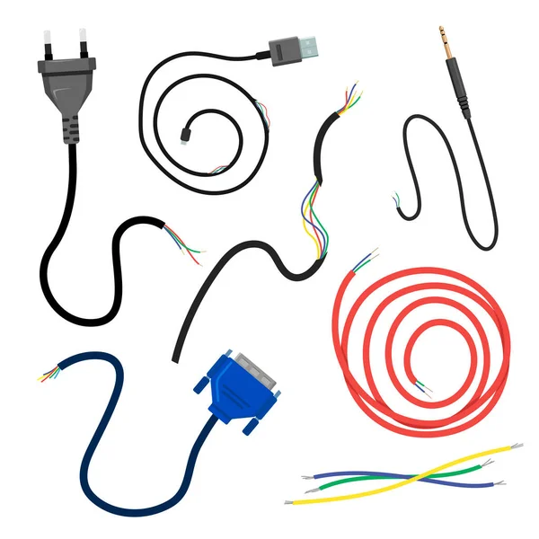 断电电缆组 为动力 连接而损坏的绳索的矢量图解 卡通断线插头 Vga或Usb 电路隔离在白色 断开和断开 硬件概念 — 图库矢量图片
