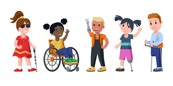 Cartoon Παιδιά Σωματικές Αναπηρίες Διανυσματικές Απεικονίσεις Που Τυφλό Κορίτσι Μπαστούνι — Διανυσματικό Αρχείο