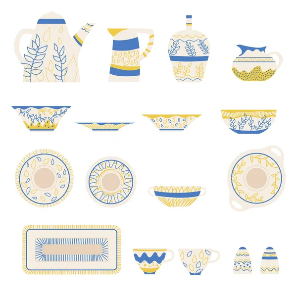 Collection Tableware Items Home Decoration White Background Decorative Mugs Bowls — стоковый вектор