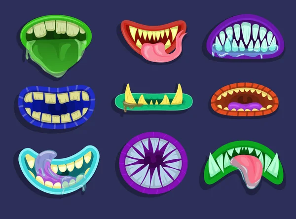 Colorful monster mouth cartoon vector illustration set. Cute and scary goblin, gremlin, aliens mouths with tongue, decayed sharp teeth, and slobber. Jaws collection of fanciful creatures for Halloween