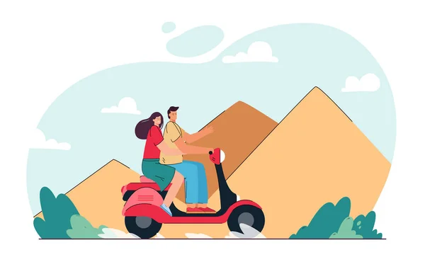 Couple Riding Moped Egyptian Pyramids Background Man Woman Having Holiday — Stock vektor