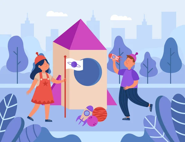 Cute cartoon children playing with toy rockets outside. Kids in alien hats and spaceship out of cardboard box flat vector illustration. Fantasy, childhood concept for banner or landing web page