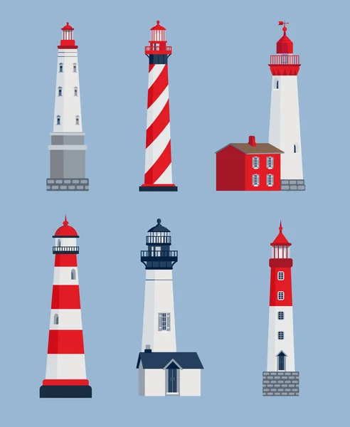 Different lighthouses vector illustrations set. Collection of cartoon drawings of seaside towers, nautical beacons isolated on blue background. Architecture, travelling, navigation concept
