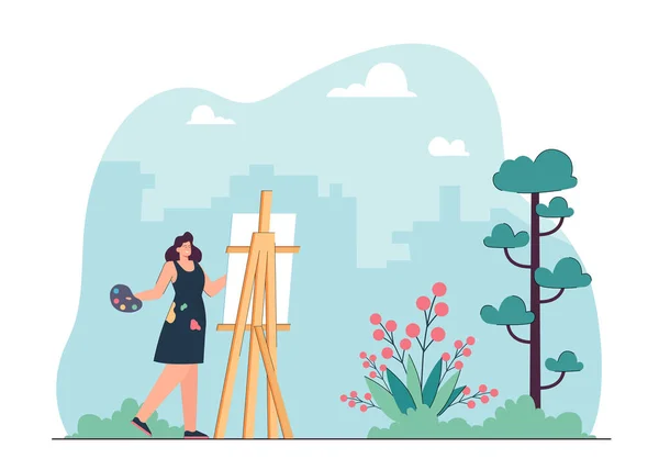 Female artist painting summer nature at easel. Happy woman drawing landscape picture on vacation flat vector illustration. Profession, art concept for banner, website design or landing web page