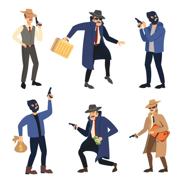 Gangster Characters Set Vector Illustrations Comic Criminals Hat Black Mask — Stock Vector