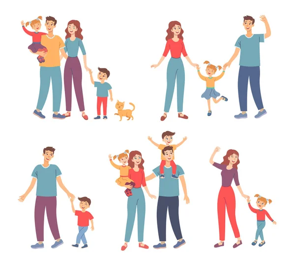 Familia Feliz Caminando Juntos Aire Libre Conjunto Ilustraciones Vectoriales Padres — Archivo Imágenes Vectoriales