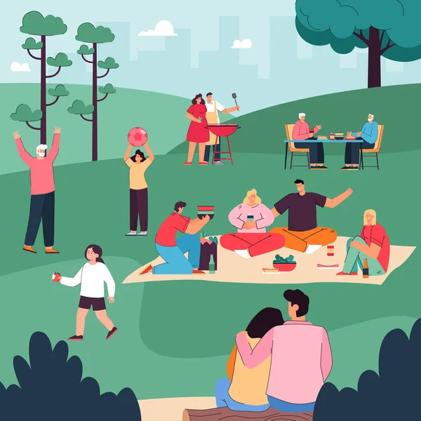 Happy people eating, drinking together, communicating under trees, playing with children. Cartoon family resting during picnic in city park vector illustration. Leisure time, outdoor activity concept