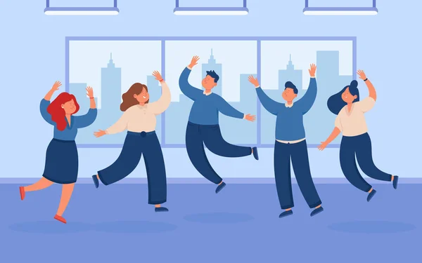 Happy team of business people jumping, celebrating victory. Joy of professional managers, group of man and female office workers laughing flat vector illustration. Achievement, success concept