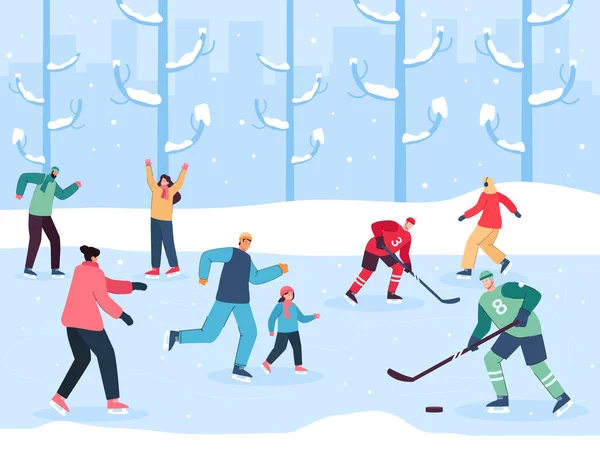 Ijsbaan Met Mensen Die Schaatsen Hockey Spelen Volwassenen Kinderen Hebben — Stockvector