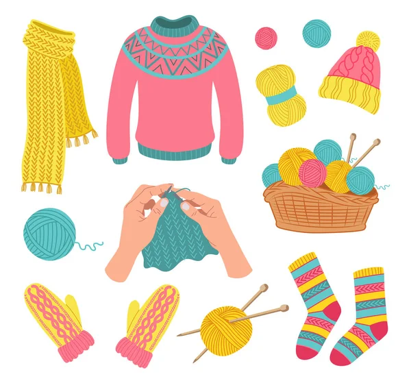 Knitted woolen clothes set. Vector illustrations of apparel, wool balls of yarn in basket. Cartoon scarf hat mittens socks mittens cardigan isolated on white. Knitting, needlework, craft hobby concept