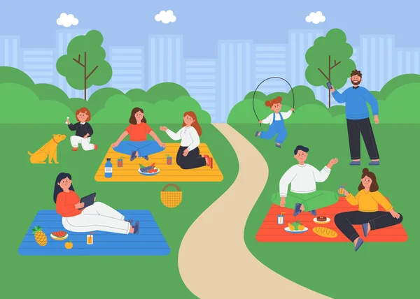 Landscape of summer city park with happy people on picnic. Families with children spending time in nature flat vector illustration. Outdoor activity, leisure concept for banner, website design