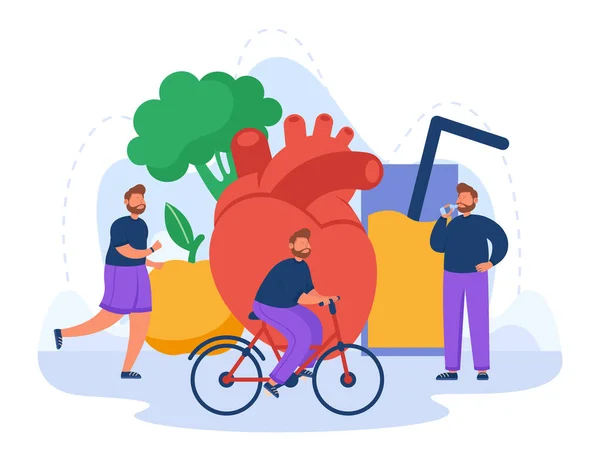 Man Drinking Water Riding Bicycle Jogging Healthy Food Giant Heart — Stock vektor