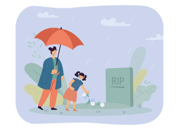 Mutter Und Tochter Stehen Bei Regen Auf Einem Grabstein Unter — Stockvektor