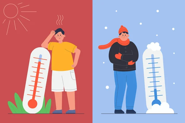 Osoba Zimnem Letnim Upałem Termometrem Człowiek Stojący Zamarzaniu Śniegu Lub — Wektor stockowy
