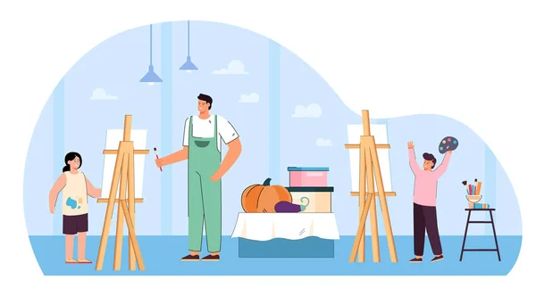 Portrait of painter and kids in front of easels learning drawing. Art teacher giving lesson to children at school flat vector illustration. Painting class, art, hobby, education concept