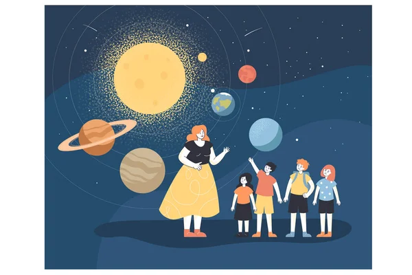 プラネタリウムで天文学を学ぶ学校の先生と子供たち 太陽系の平らなベクトル図の惑星とホログラム地図の近くに立っている女性と子供 教育旅行科学の概念 — ストックベクタ
