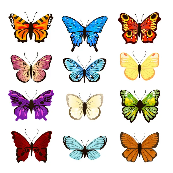 Set of watercolor butterflies. Vector illustrations of insects with different patterns on wings. Cartoon collection of silhouettes with flying butterflies isolated on white. Nature, tattoo concept
