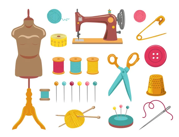 Sewing Knitting Needlework Set Vector Illustrations Tailor Equipment Supplies Cartoon — Stock Vector