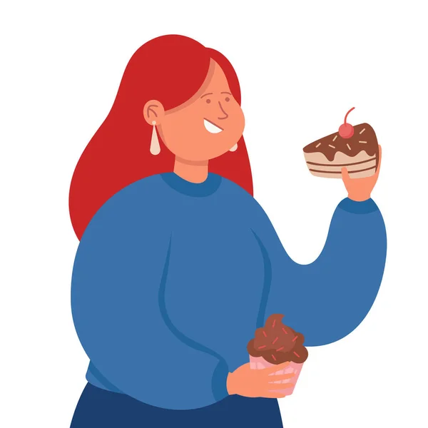 Γλυκό Δόντι Κυρία Τρώει Κέικ Σοκολάτας Και Cupcake Χαμογελαστός Ενήλικας — Διανυσματικό Αρχείο