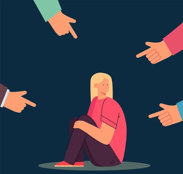 Teenager sitting in center surrounded by hands pointing index fingers at her. Sad kid feeling judged flat vector illustration. Public opinion concept for banner, website design or landing web page