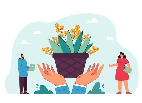 Tiny People Looking Money Tree Huge Hands Holding Metaphor Profit — Stock Vector