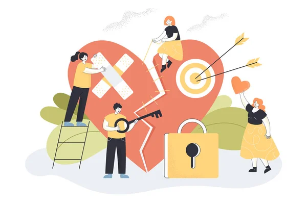 Kırık kalbi onaran ufak tefek savunmasız karakterler. Erkekler ve kadınlar ayrılır ve kötü duygular yassı vektör çizimi yaşarlar. Aşk başarısızlığı, ilişki, hassas insanlar konsepti.