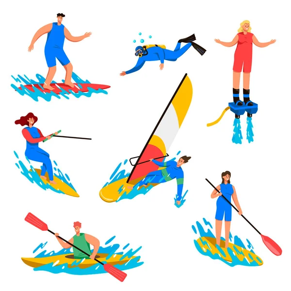 Water sports cartoon vector illustration set. People doing ocean diving, surfing, windsurfing, canoeing isolated on white background. Summer leisure, extreme sea activities, recreation concept