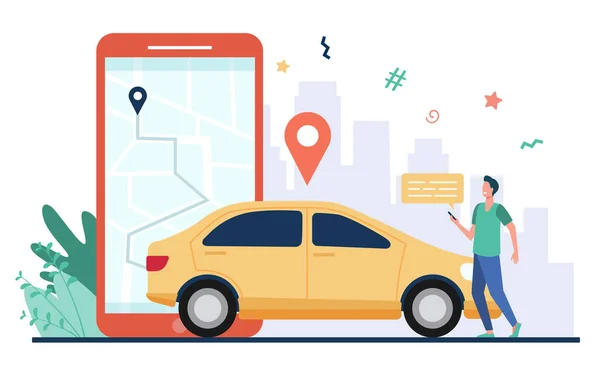 Homme Avec Carte Sur Smartphone Location Voiture Chauffeur Utilisant Application — Image vectorielle