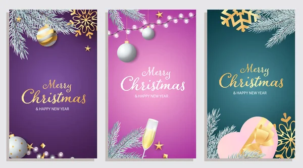 Set of Merry Christmas and Happy New Year banner with fir branches, champagne and toys on background of different colors. Letterings can be used for posters, leaflets, announcements