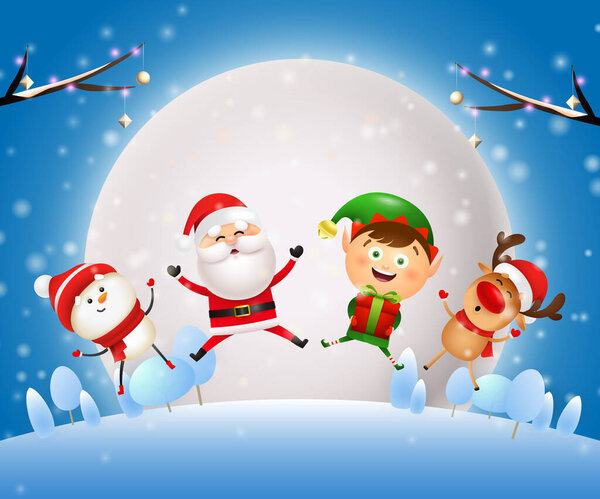 Christmas night banner with Santa, animals on blue ground. Decorative design can be used for invitations, post cards, announcements