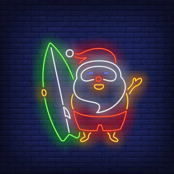 Santa Claus Surfboard Neon Sign Glowing Neon Santa Surfing Hawaii — Stock Vector