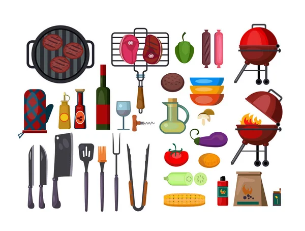 Barbacoa Set Ilustración Conjunto Instrumentos Productos Alimenticios Para Picnic Parrilla — Archivo Imágenes Vectoriales