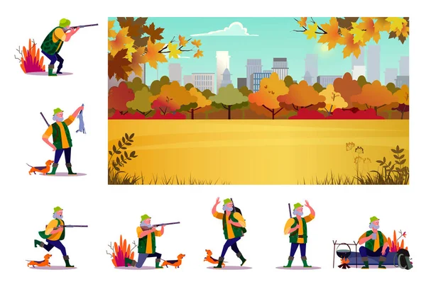 Set Senior Hunter Dog Hunt Flat Vector Illustrations Senior Man — Stock Vector