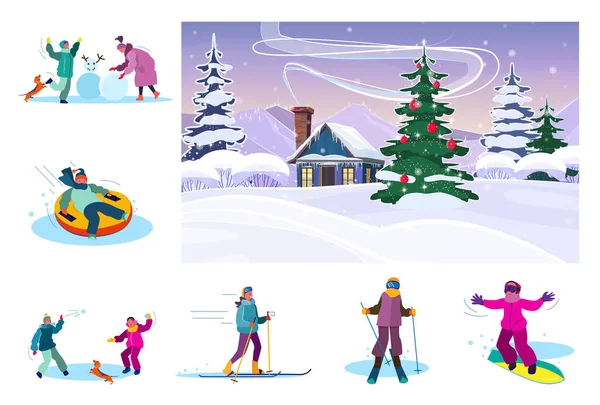 Set of winter activities. Flat vector illustrations of people making snowman, skiing, snowboarding. Winter holidays concept for banner, website design or landing web page