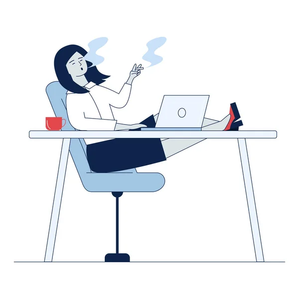 Dipendente Fuma Sul Posto Lavoro Donna Con Sigaretta Seduta Computer — Vettoriale Stock