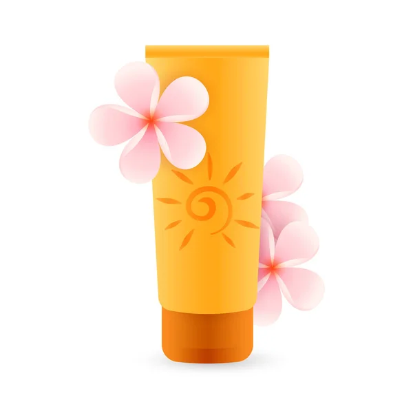 Sunscreen product with pink flowers. Yellow spf lotion for tender skin. Can be used for topics like cosmetics, body care, sunbathing