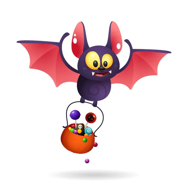 Funny Cute Bat Carrying Treats Halloween Character Animal Flight Halloween — Stock Vector