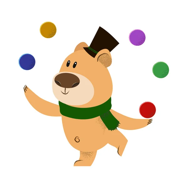 Cute cartoon bear in top hat and green scarf juggling with colorful balls. Holiday concept. Vector illustration can be used for topics like celebration, Christmas, New Year party