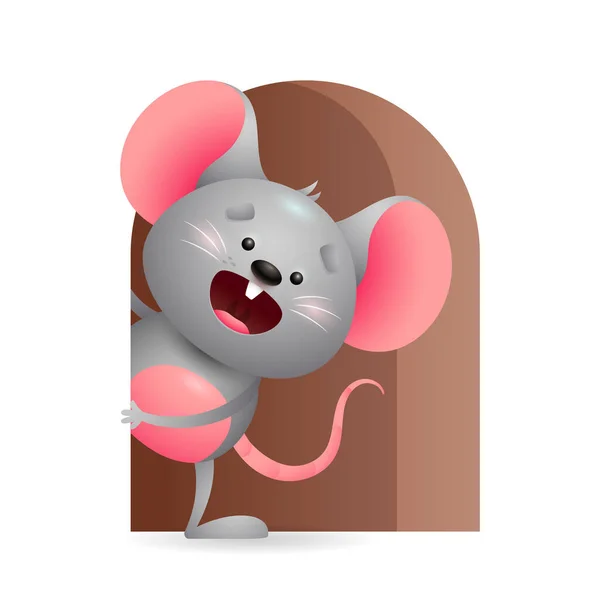 Cheerful grey mouse peeking out from hole. Symbol of year, animal, rat. New Year concept. Realistic vector illustration can be used for greeting cards, festive banner and poster design