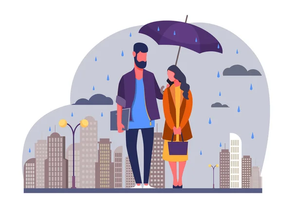 Junges Paar Regenvektorillustration Mann Und Frau Regenmänteln Stehen Unter Regenschirmen — Stockvektor
