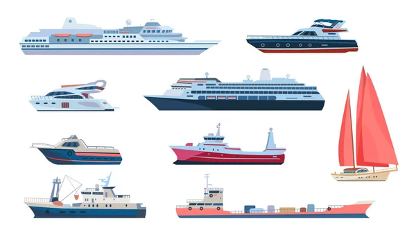 Sea and ocean transport set. Ships, speed boats, yacht, sailboats, motorboat, cruise liners. Flat vector illustrations for nautical navigation, transportation, cargo, tourism concept