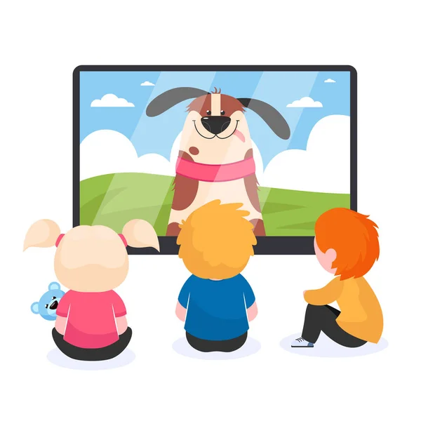 Děti Sledují Ploché Vektorové Ilustrace Děti Sedí Televizní Obrazovky Dívají — Stockový vektor
