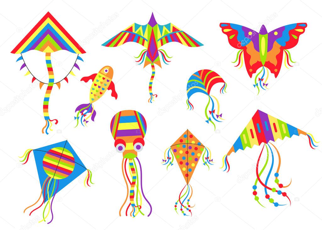 Kites of different types vector illustrations set. Designs of flying wind toys on string of different shapes for kids: butterfly, squid, fish isolated on white background. Childhood, festival concept