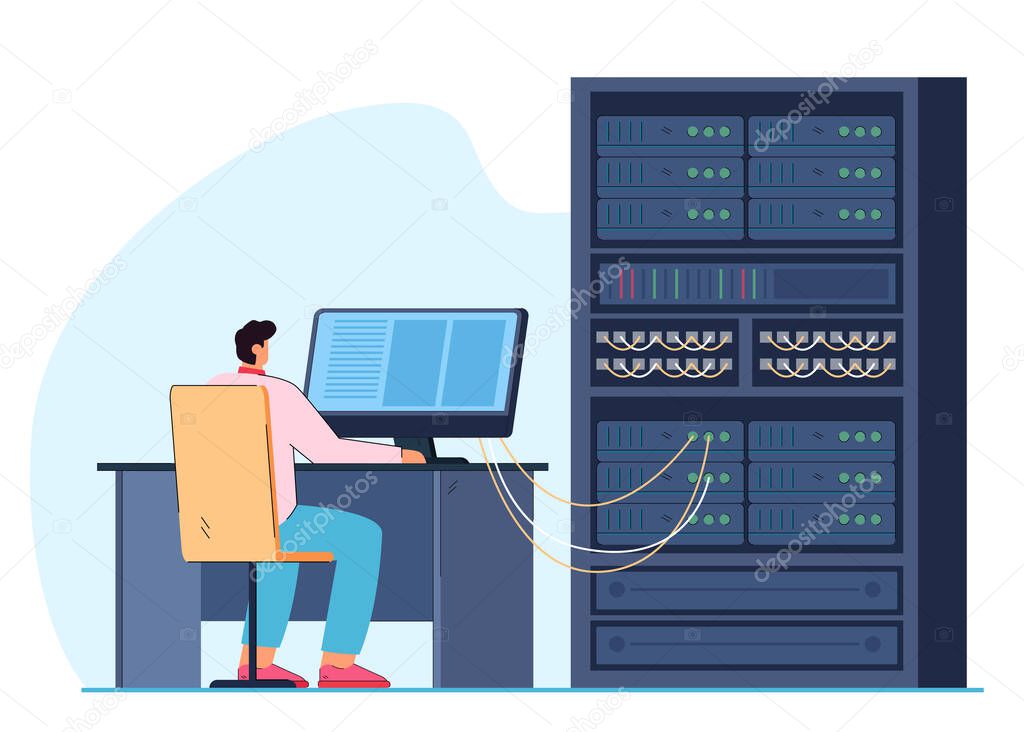 Man engineer working on computer server rack switchboard. Guy switching panel cabinet with plugged Ethernet optical cables. Telecommunications, engineering concept. Flat vector illustration.