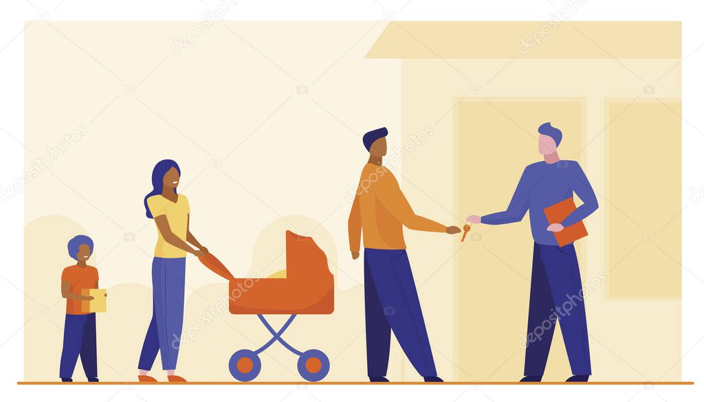 Family buying property. Couple with kids renting house flat vector illustration. Real estate, mortgage, new home concept for banner, website design or landing web page