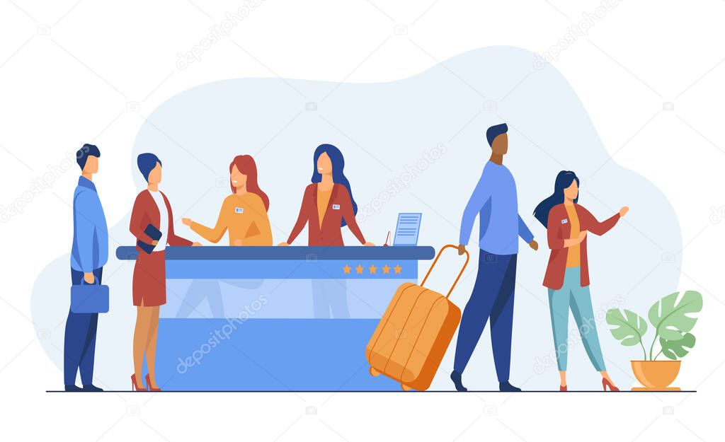 Friendly receptionists from hotel registration desk help client vector illustration. People waiting in queue for consultation. Concierge talking with traveler concept for presentation slides