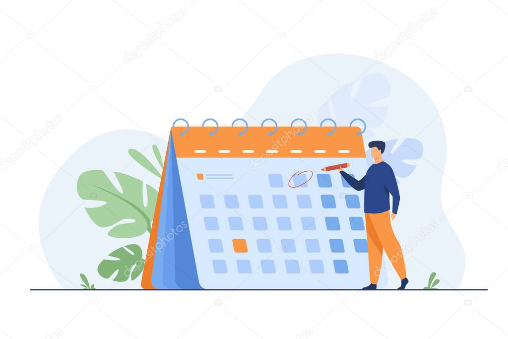 Businessman planning events, deadlines and agenda. Calendar, schedule, organization process flat vector illustration. Time management concept for banner, website design or landing web page