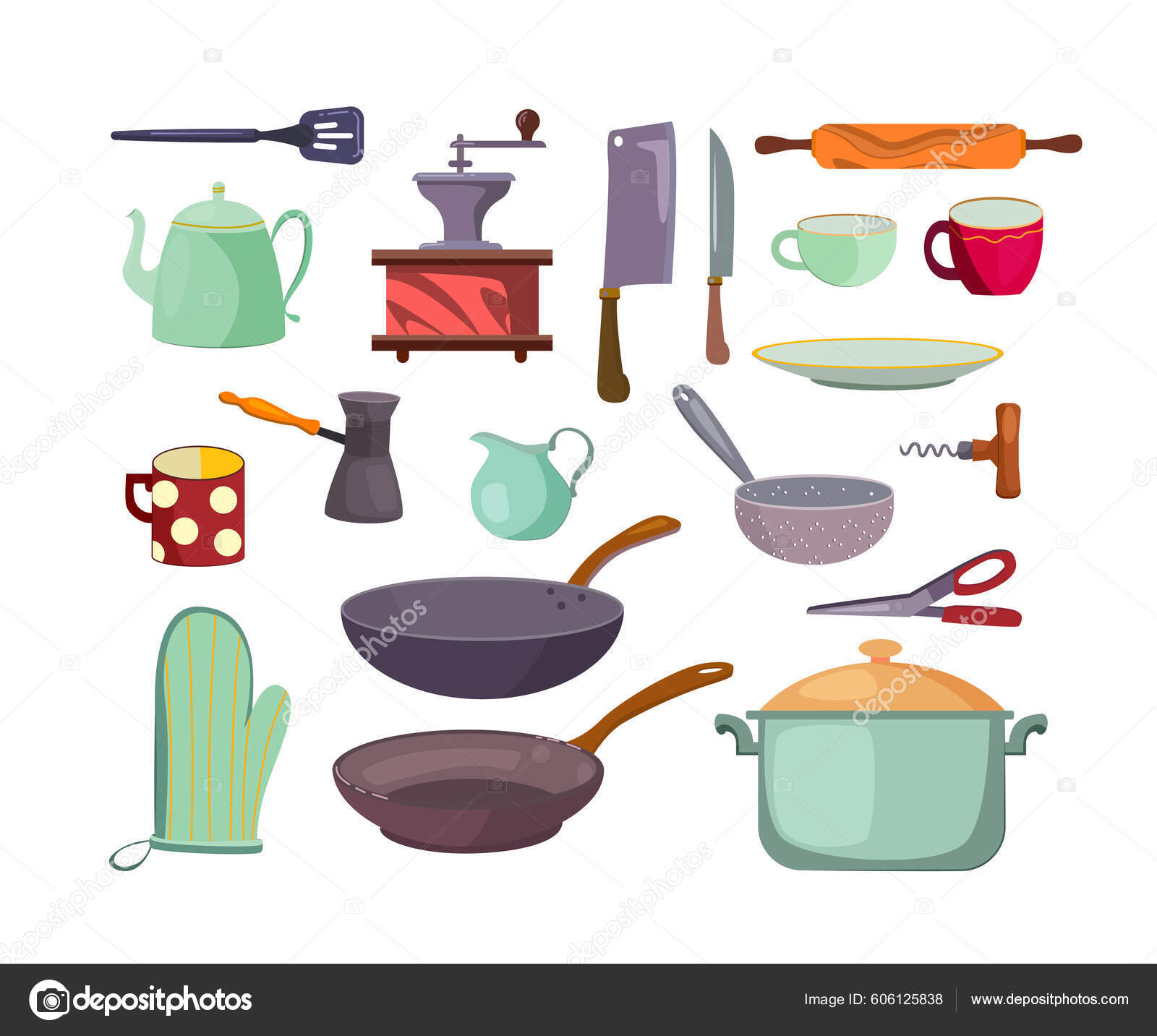 Ustensiles Cuisine Outils Ensemble Icône Plate Tasses Dessin Animé  Casseroles Vecteur par ©pch.vector 606125838